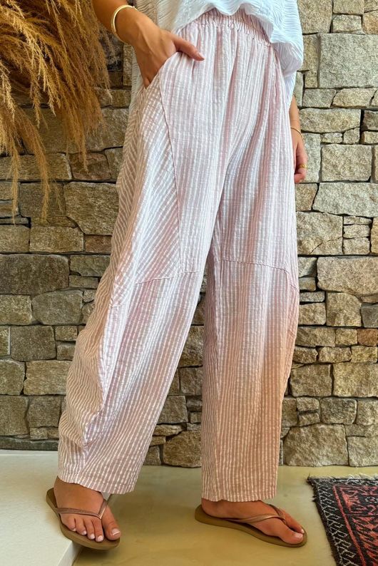 Sundaze Cheesecloth Chalk Stripe Classic Barrel Pant Rose